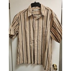 Geoffrey Beene Button Down Tan With Brown Stripes Short Sleeves XL Cotton/Poly